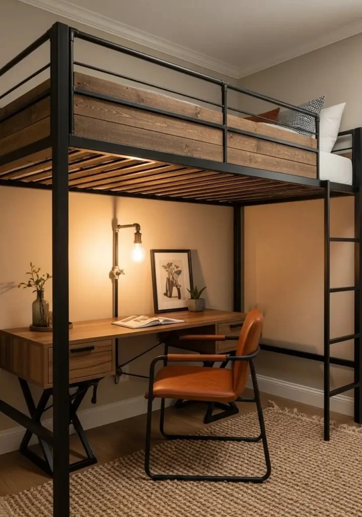 Industrial loft bed with metal and wood, desk and seating area underneath in a modern bedroom.