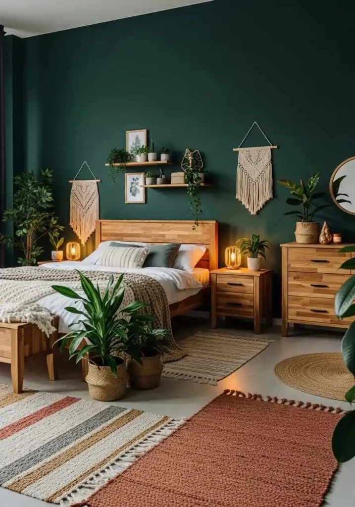 dark green and wood bedroom natural cozy decor idea