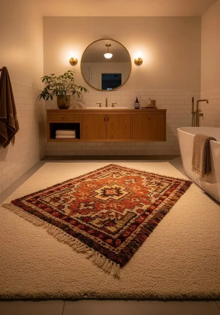Layered bathroom rugs creating cozy textured design