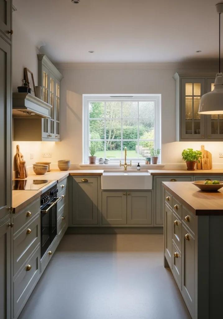 Sage green kitchen cabinets with brass hardware.