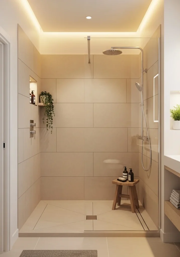 Walk-in shower with large light tiles in a small bathroom