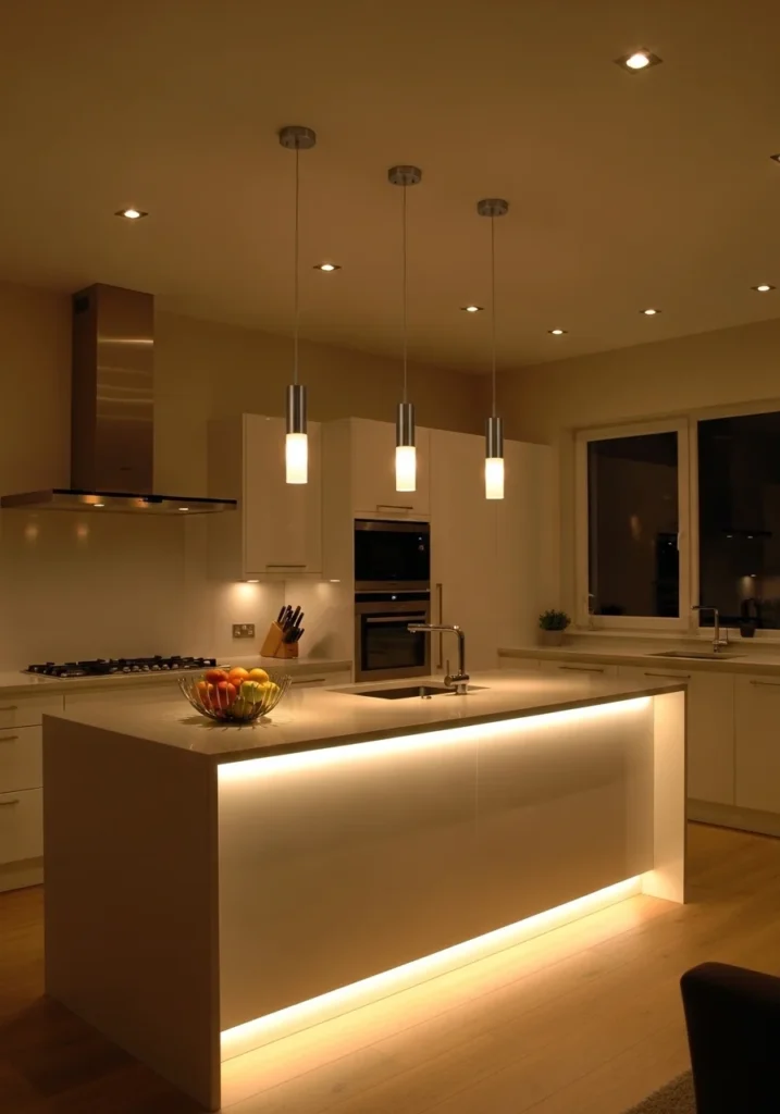 Layered lighting combining pendants, recessed lights, and LEDs for functional and stylish kitchen island illumination.