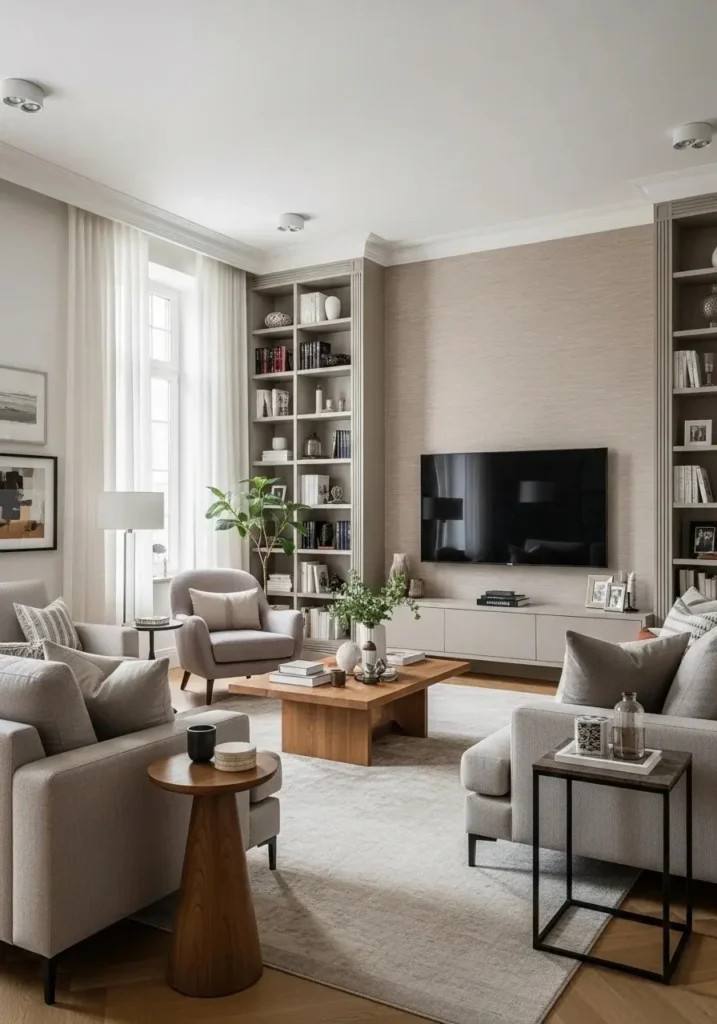 Living room TV wall with subtle textured wallpaper.