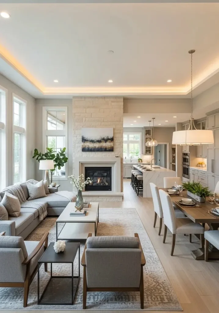 Shared focal point connecting living and dining areas in open layout