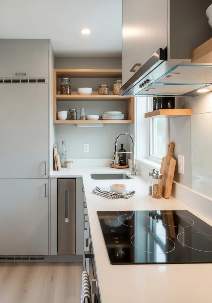 Compact appliances save space while maintaining full kitchen functionality in small areas.