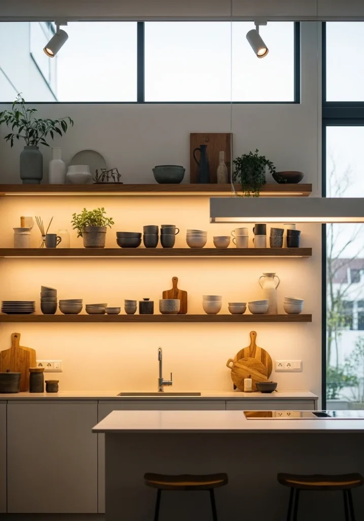 One wall kitchen with open shelving and island