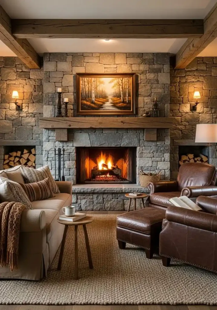 Cozy living room featuring a rustic stone fireplace, wooden beams, and earthy-toned furniture.