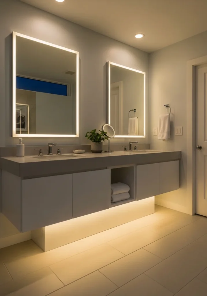 Double sink vanity with under-cabinet LED lighting for a soft glow.