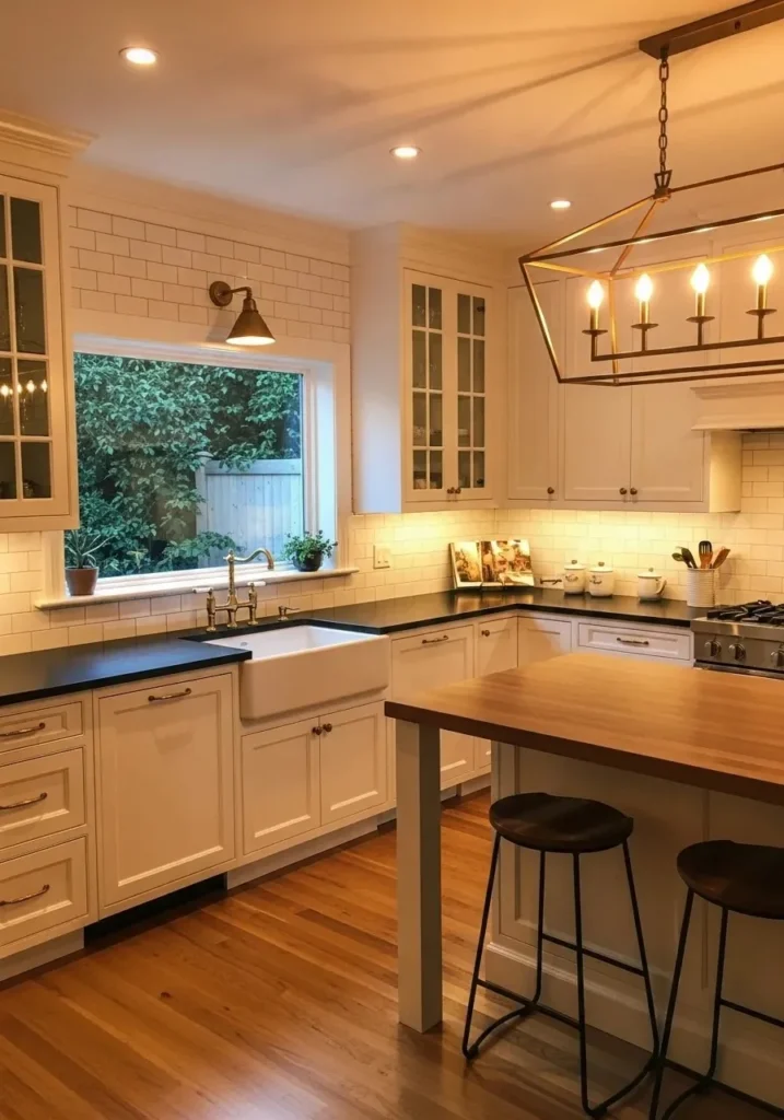 Black countertops with brass hardware in elegant kitchen.
