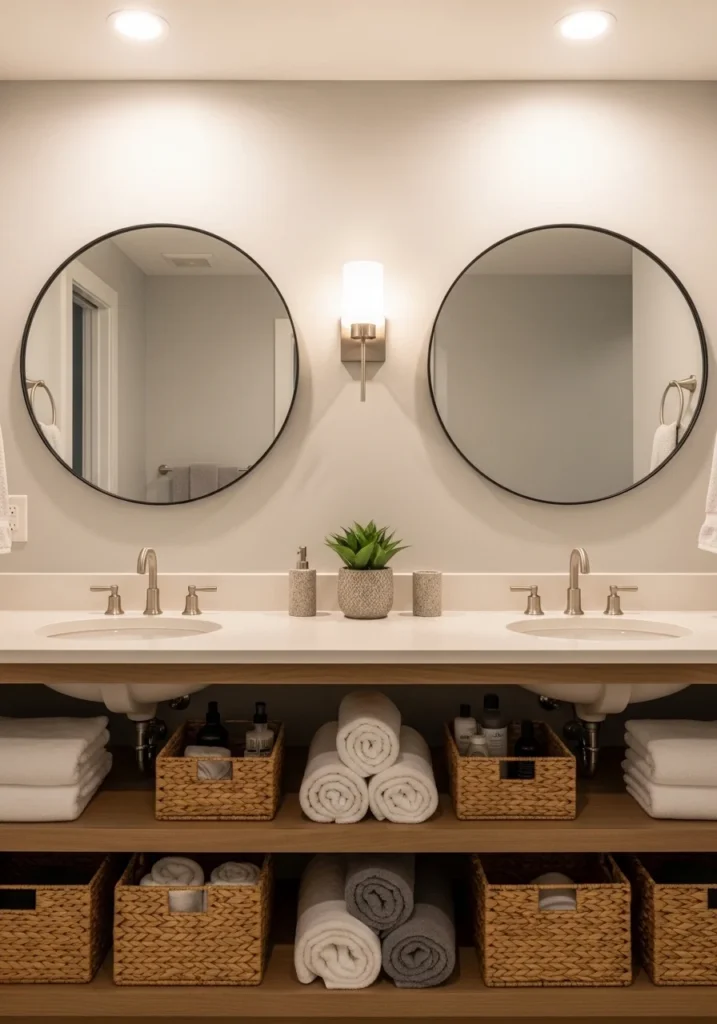 Double vanity with open shelves and baskets for a spa-like look.
