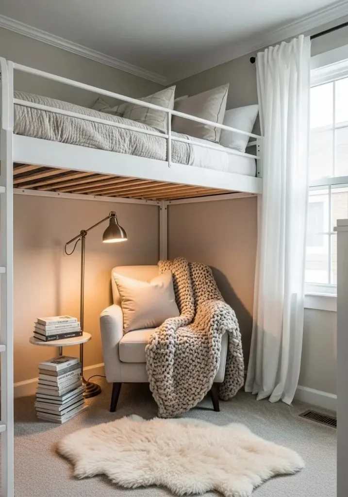 Loft bed with a comfy reading nook and warm lighting underneath.