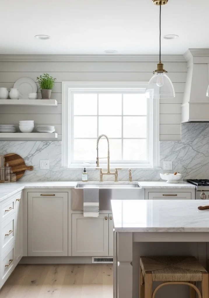 Beadboard backsplash paired with marble countertops in elegant kitchen