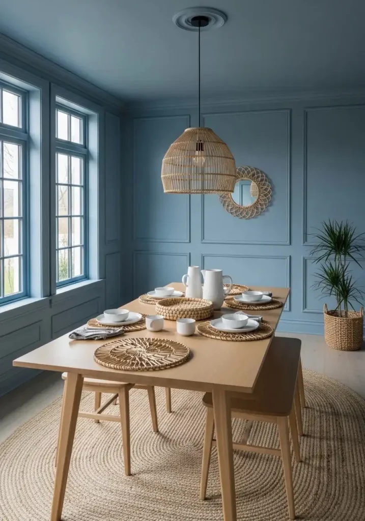 Dusty blue color drenched dining room with light wood furniture.
