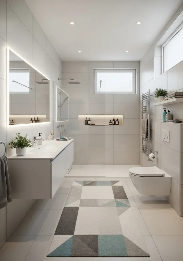 Long runner rug in narrow bathroom adding style and length