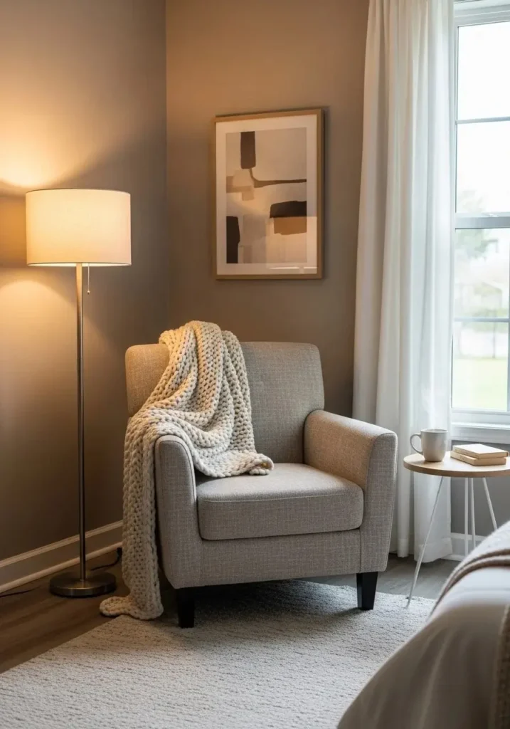 Full bedroom view cozy corner relaxing comfortable private space