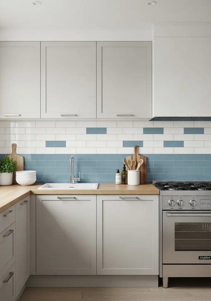 Two tone kitchen backsplash with white and blue tiles
