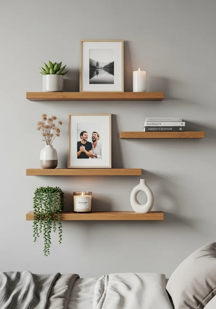 bedroom floating shelves with plants and decorative objects