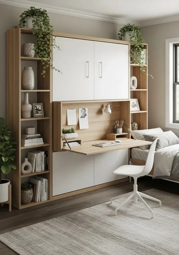 Murphy bed with built-in desk and storage for a multifunctional home office.