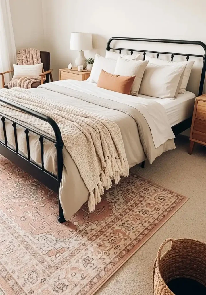 soft pink rug under black furniture in cozy bedroom