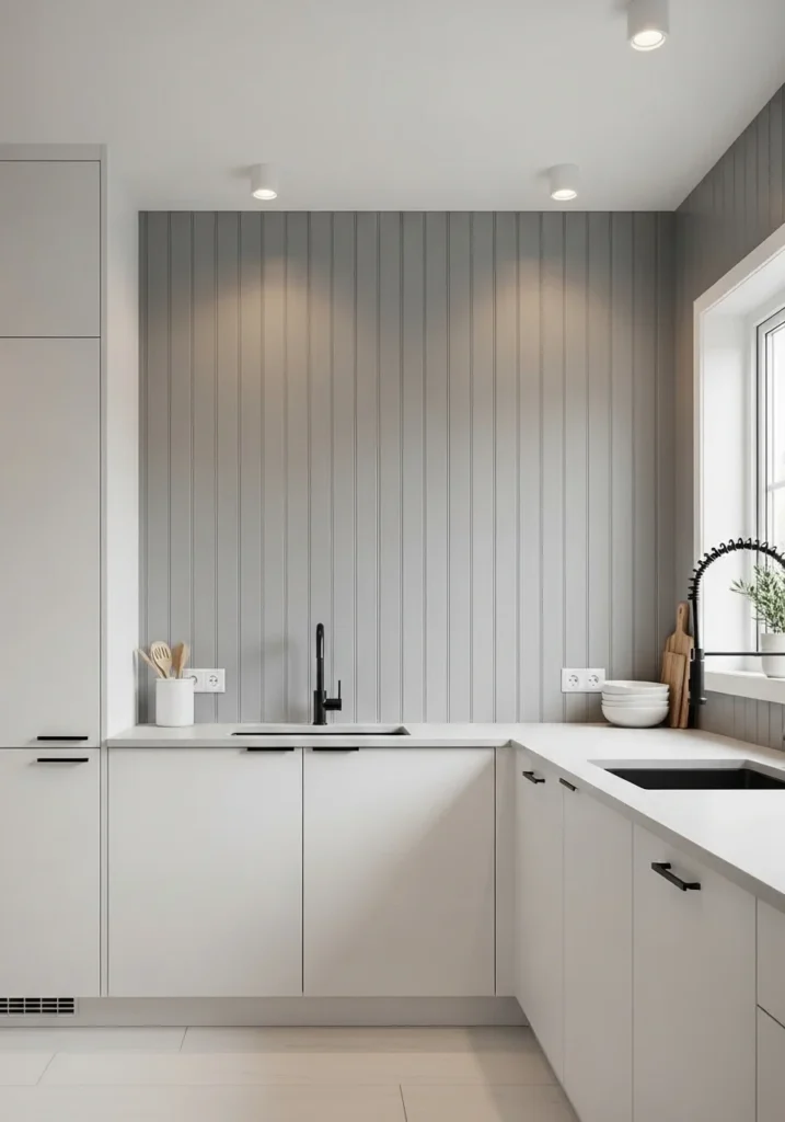 Gray beadboard backsplash in modern minimalist kitchen design