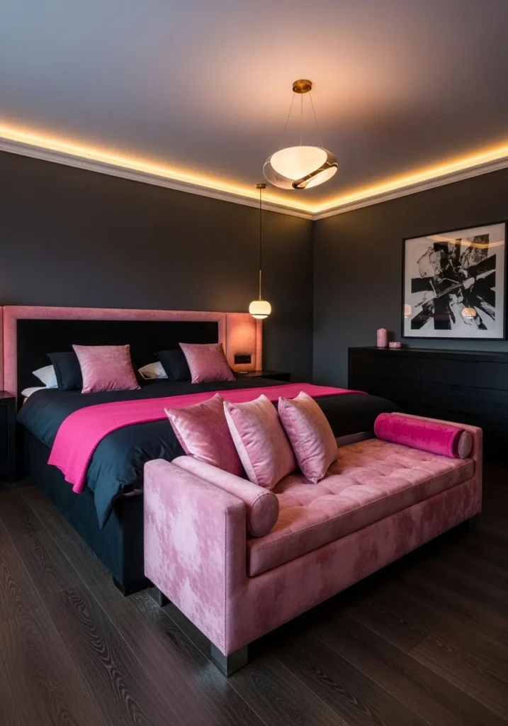 glam pink velvet accents with black furniture in bedroom