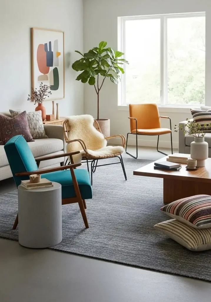 Mixed accent chairs creating unique and styled living room