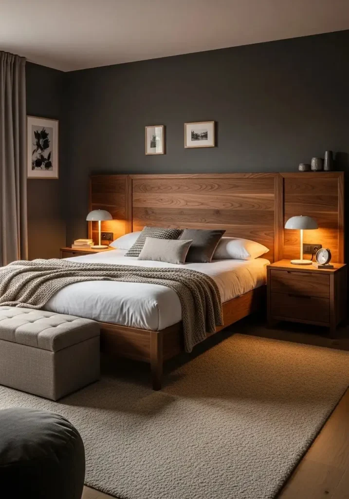 Dark gray bedroom with wooden accents and warm textures.