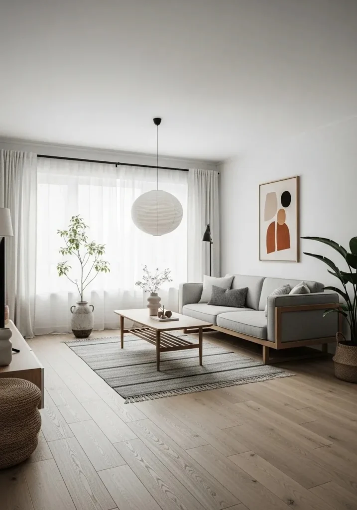 Japandi living room with clean lines and open spacious layout