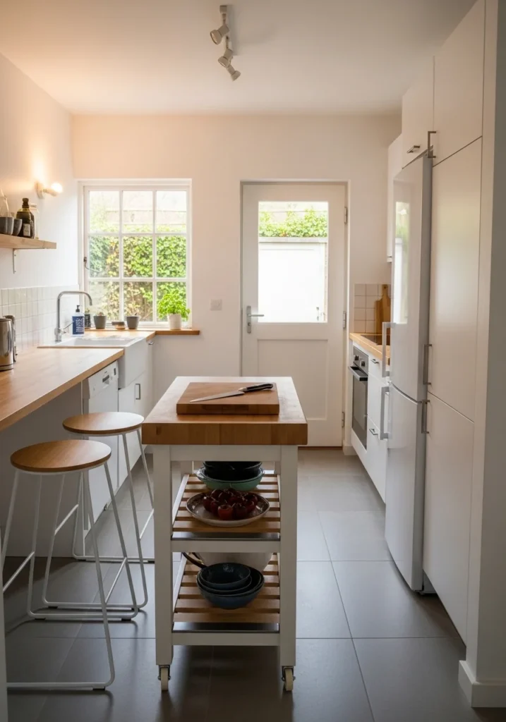 Compact rolling kitchen island adds counter space and storage without crowding a small kitchen.