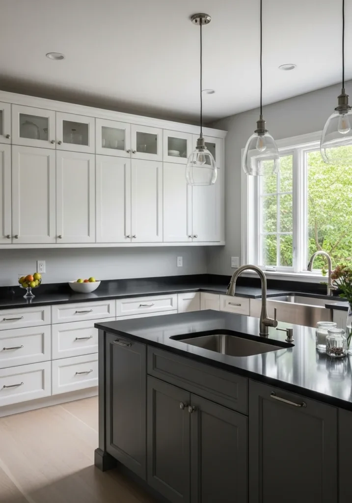 white shaker cabinets with black countertops kitchen