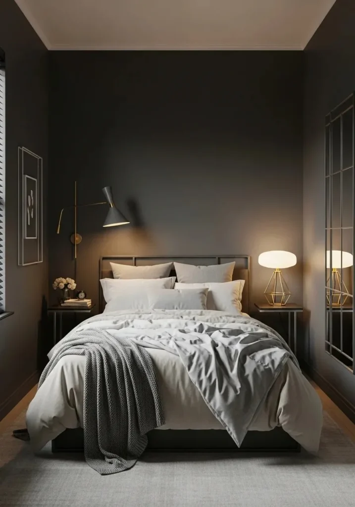 Dark gray bedroom with metallic decor accents.