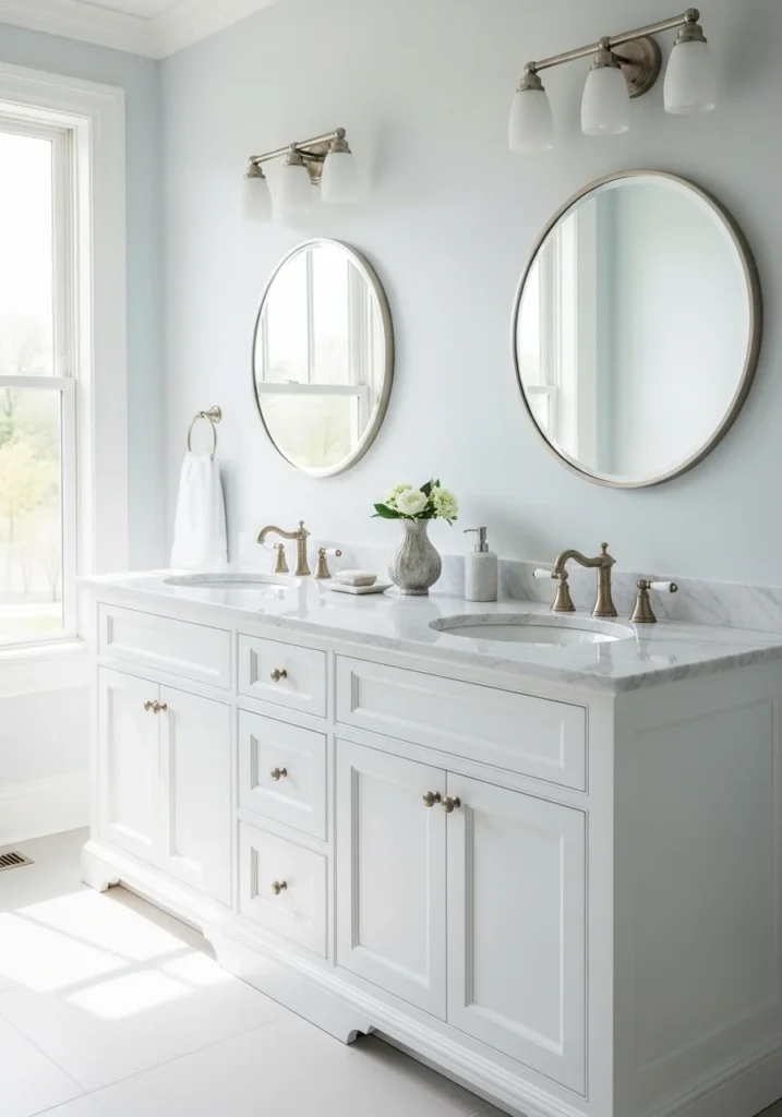 White double sink vanity with marble top and gold fixtures in a bright bathroom.