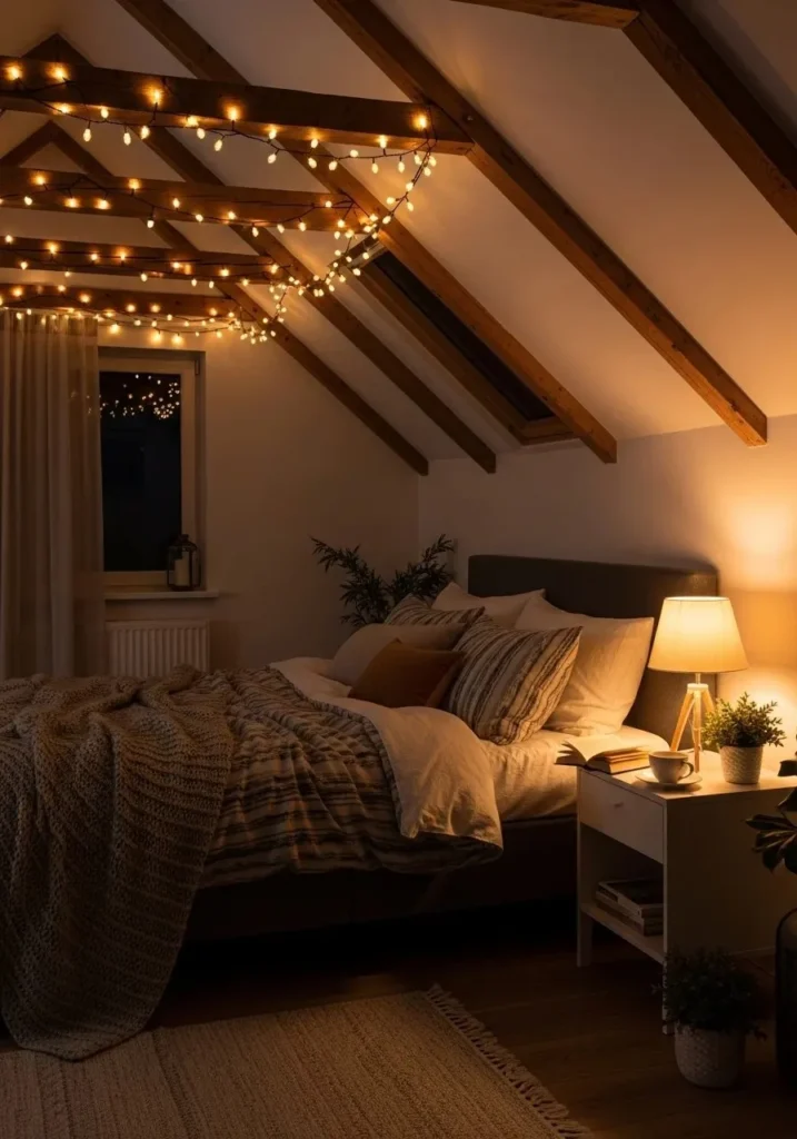 Attic bedroom with warm string lights
