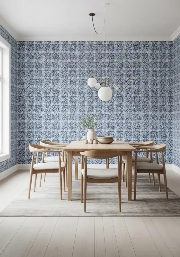 Blue and white patterned wallpaper dining room with simple furniture.