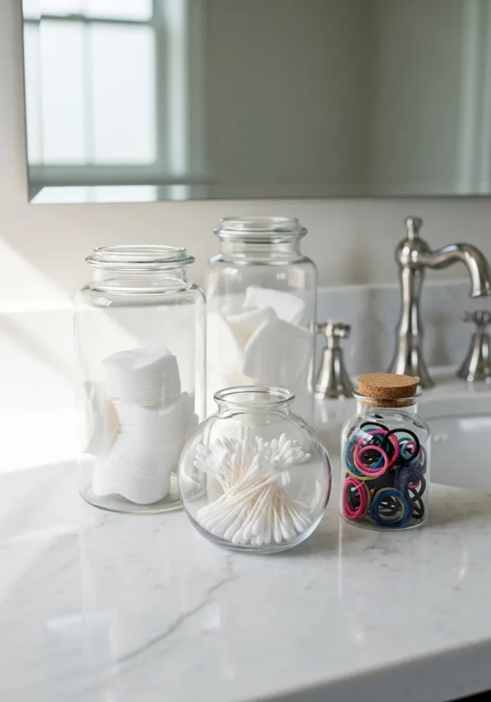 clear containers organizing small bathroom items