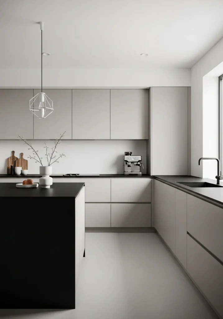 Minimalist kitchen with matte black countertops.