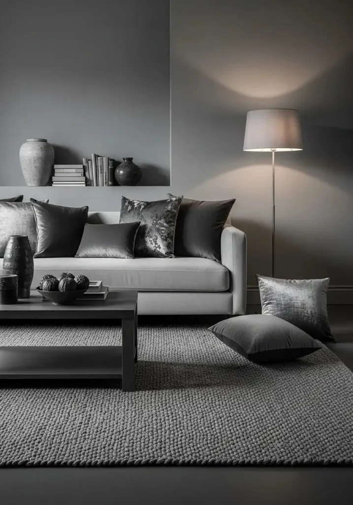 Monochrome living room using layered gray tones and mixed textures.
