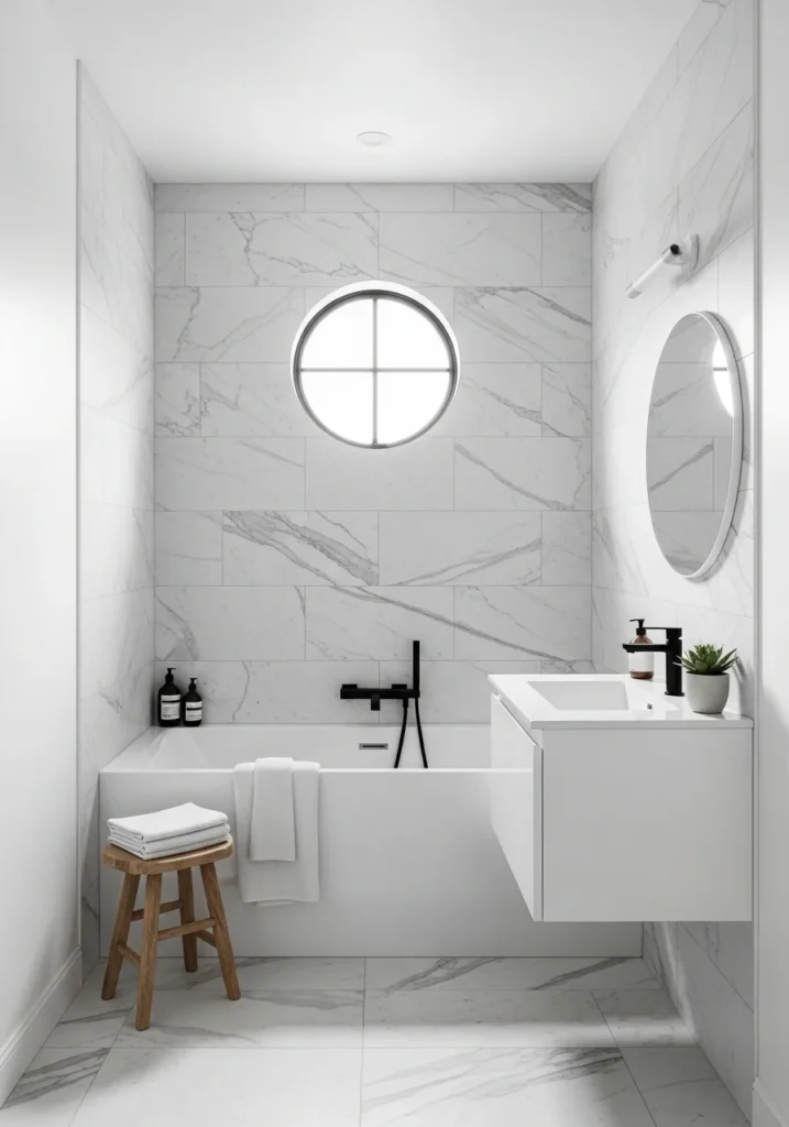 Small bathroom tub with light colored tiles making the space feel bigger