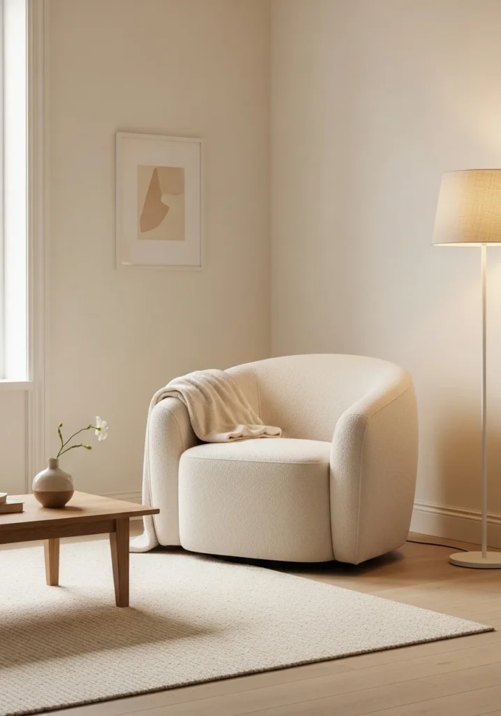 Curved accent chair creating soft and elegant living room look