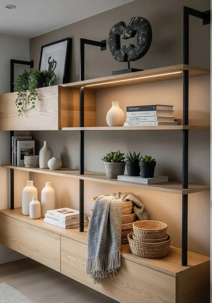 Built-in shelves with mixed materials adding texture and depth to living room design