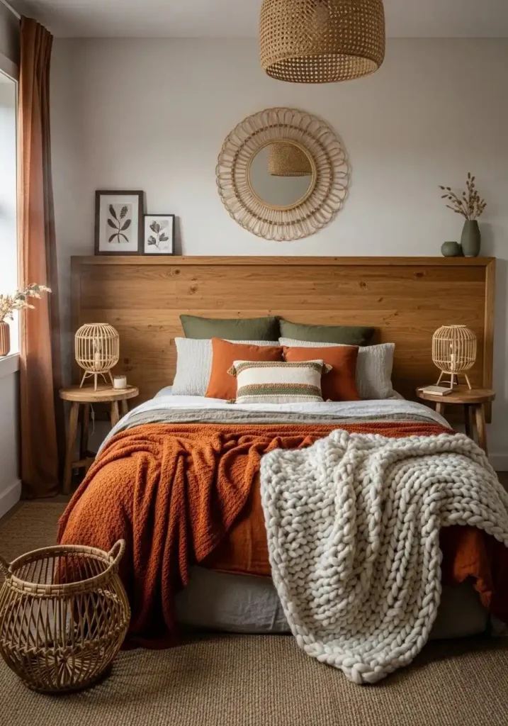 Rustic bedroom with wood furniture, burnt orange textiles, and layered textures.