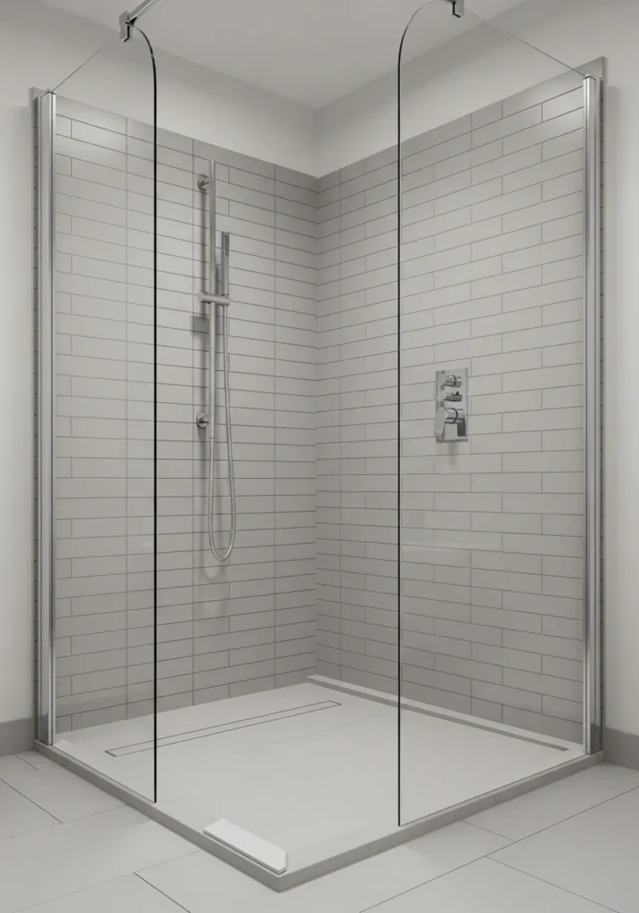 Corner walk-in shower design saving space in a small bathroom