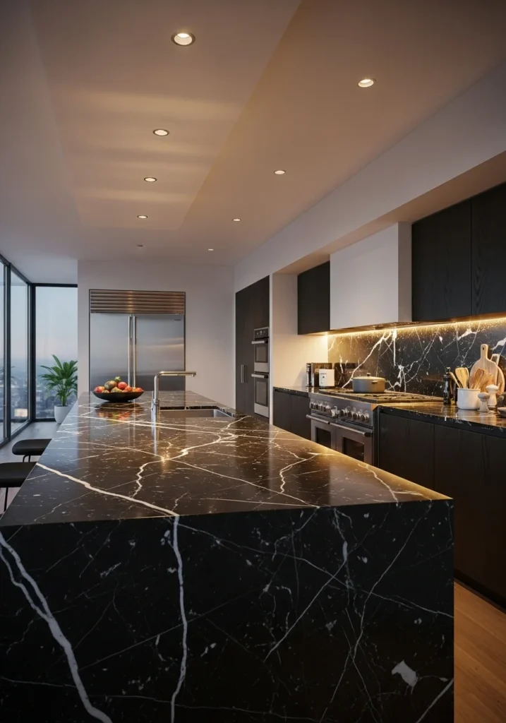 black marble countertops with white veining kitchen