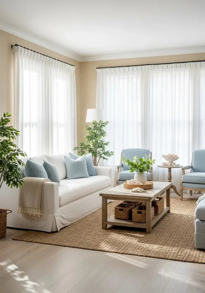 Bright coastal living room with white sofa, blue accents, and breezy linen curtains.