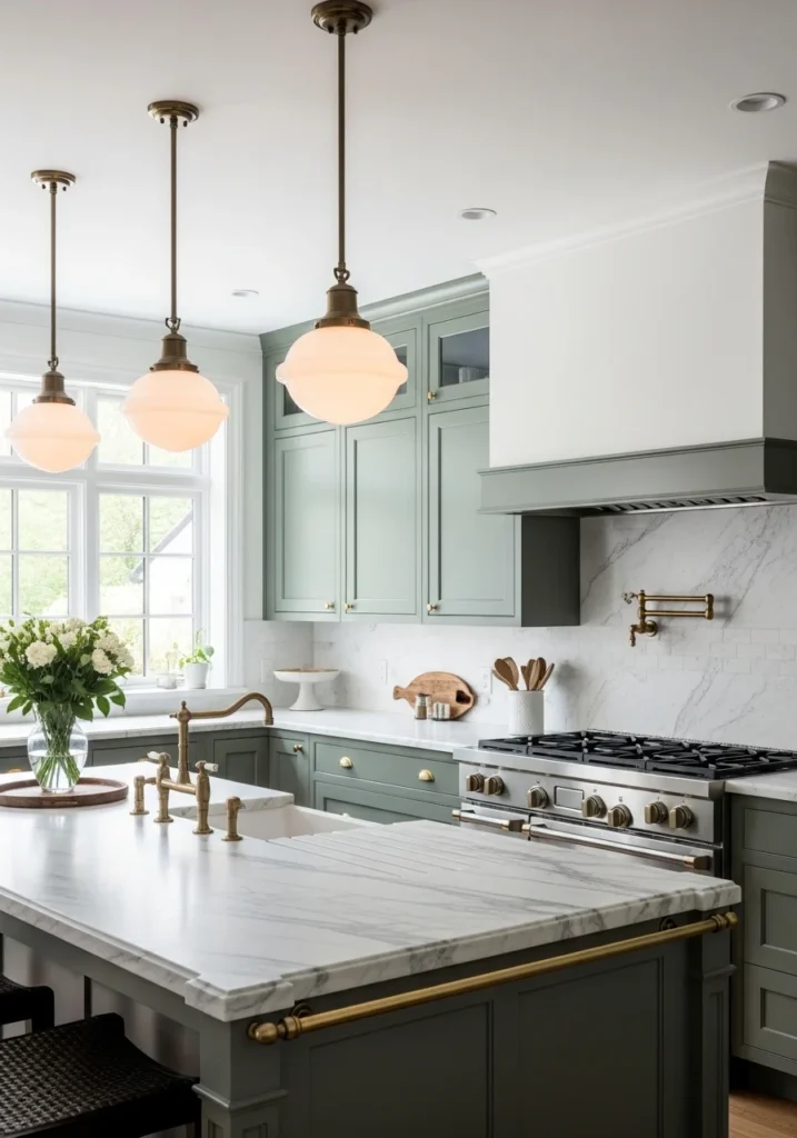 Kitchen with bold forest green cabinets, brass hardware, and marble countertops, luxurious and cozy.