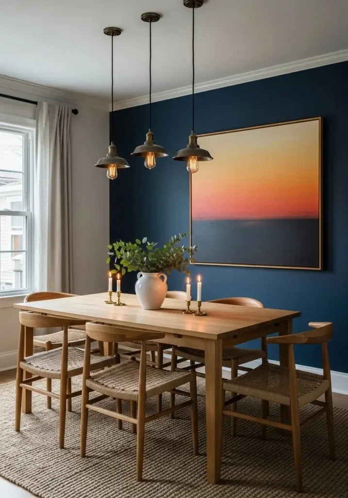 Dark blue mood wall dining room with warm lighting and wooden table.