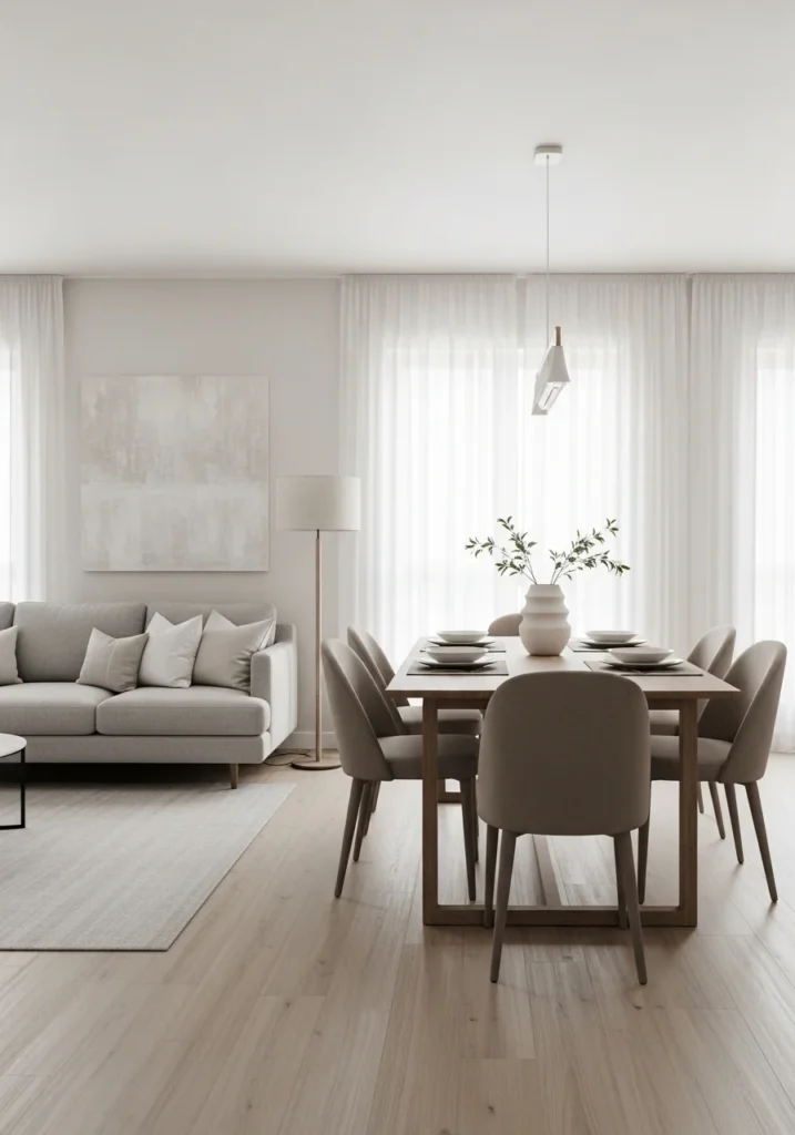 Aligned furniture creating visual flow in living dining combo layout