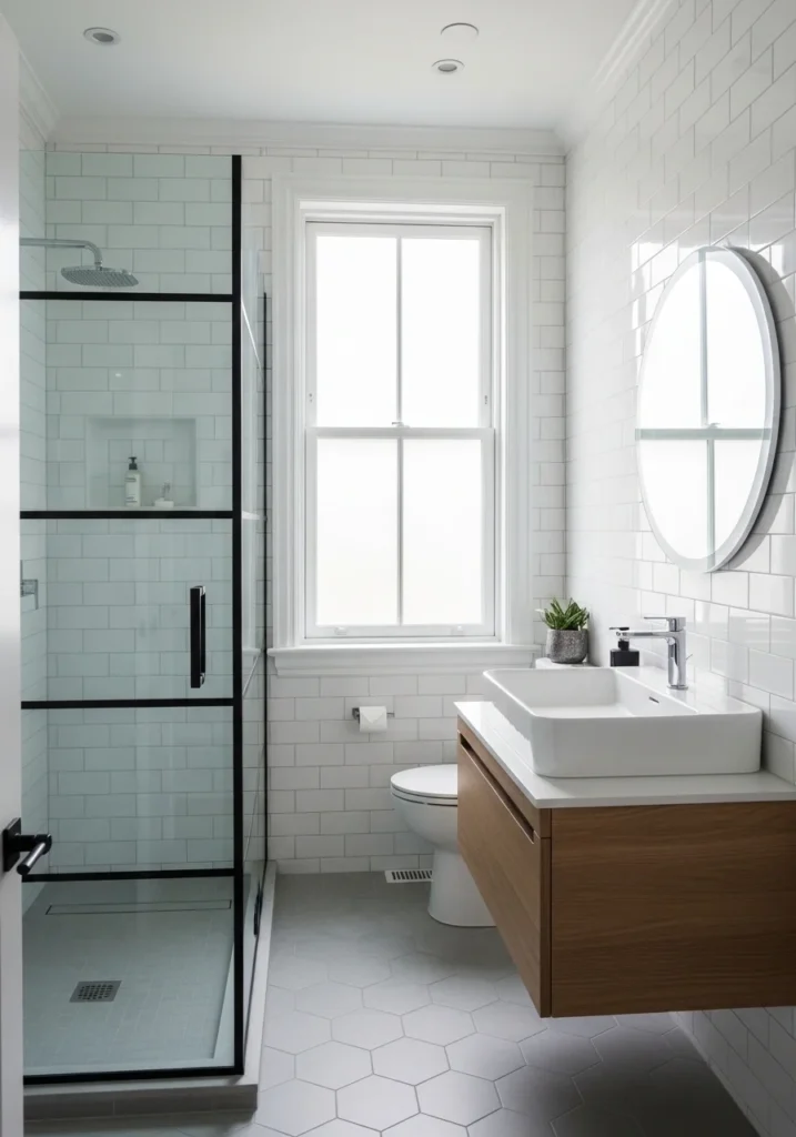 Frameless glass shower enclosure in a bright, airy small bathroom