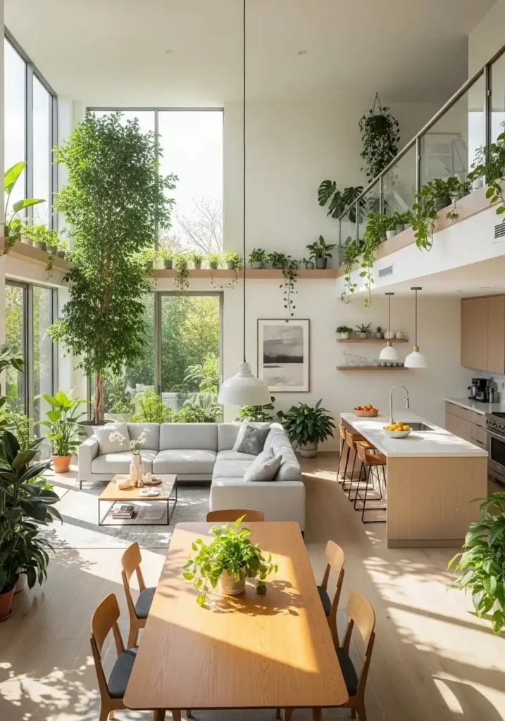 Open layout with greenery connecting living dining kitchen