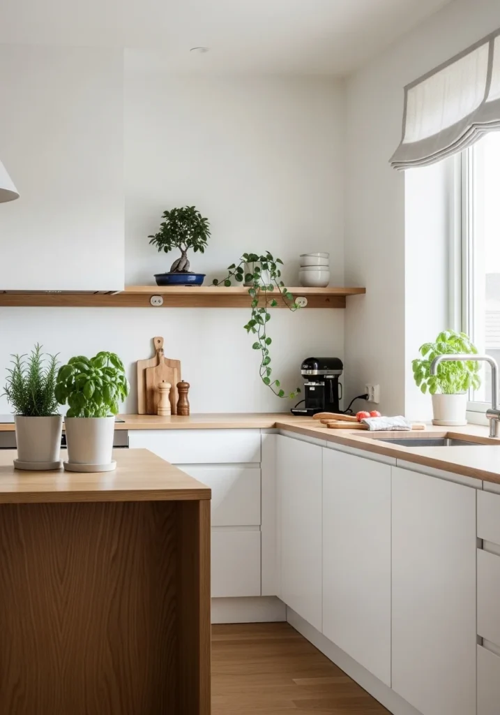 Japandi kitchen with indoor plants adding freshness and a natural touch.
